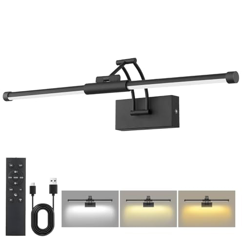 24“ Picture Lights for Wall, 8000mAh Rechargeable Wireless Picture Light with Remote, LED Wall Lights 3000K/4000K/6000K Dimmable, Art Lighting for Paintings Frame Gallery Dartboard, Black - color: Black, size: 24 inch