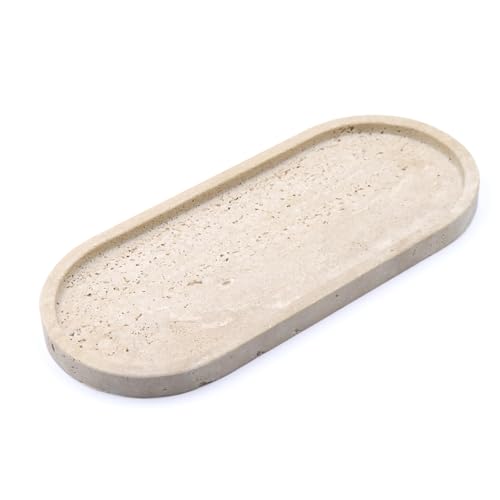 OOBOOB Oval Natural Marble Bathroom Tray for Decor Countertop, Marble Vanity Tray for Candles Perfume, Jewelry, Cosmetics, Elegant Vanity Organizer for Jewelry, Perfume - color: Travertine Beige, size: 9.84*4.72*0.7