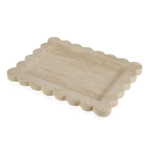 Luxury Beige Travertine Tray with Scalloped Edge, 11"x8" Rectangle Vanity Tray for Bathroom & Kitchen Counter, Decorative Organizer Tray for Dresser, Coffee Table, Home Décor - color: Beige