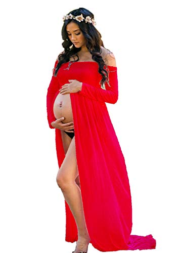 ZIUMUDY Maternity Maxi Chiffon Photography Dress Split Front Gown for Photoshoot - color: Red