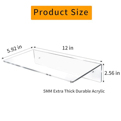 Jansburg 12 Inch L-Shaped Acrylic Floating Shelf Clear Wall Mounted Shelves Invisible 5MM Thick Shelf for Wall Storage Clear Shelves for Makeup Photo Picture Book Record Display 4 Pack