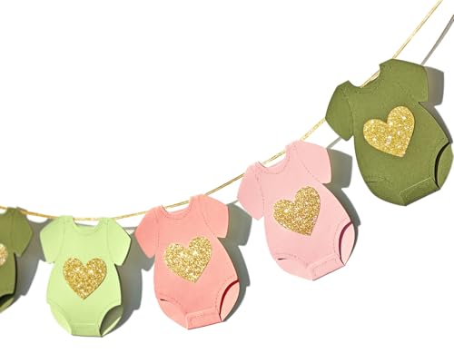 Green Pink Baby Shower Paper Garland Short-Sleeve Bodysuits Clothesline Garland Gender Reveal Birthday Banner Baby Outfit Pre - Strung Paper Decorations 9 pcs - color: Green-pink
