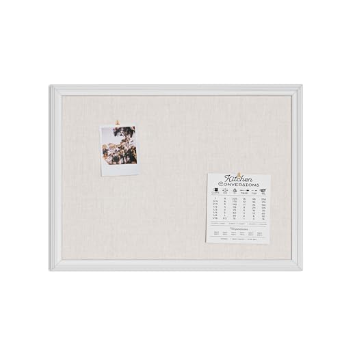 U Brands Bulletin Board, 18 x 24 Inch Linen Fabric Pin Board, Farmhouse White Wood Style Frame, Wall Message Center & Vision Board for Farmhouse Decor, Home Office, Classroom, Includes Push Pins - style: 24"x18" Natural Linen