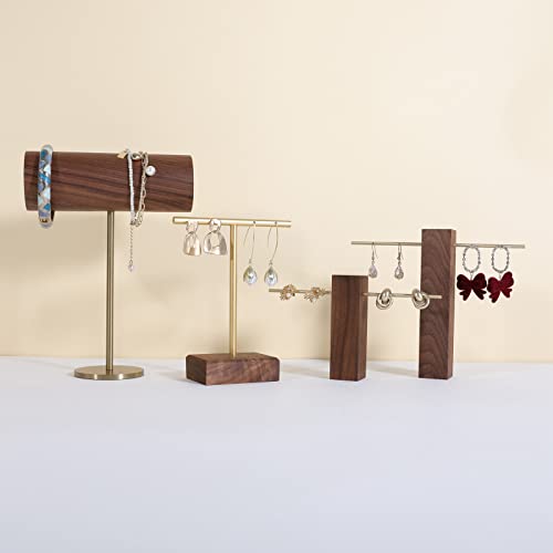 earrings T display stands for selling, small earring holder jewelry stand with 4 holes on bar, wood earring hanger for boutique display【Walnut】