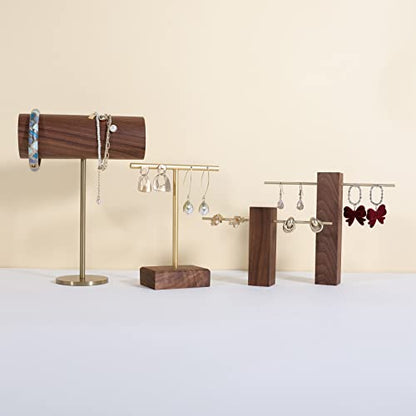 earrings T display stands for selling, small earring holder jewelry stand with 4 holes on bar, wood earring hanger for boutique display【Walnut】