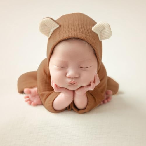 Newborn Baby Photo Shoot Props Girl Boy Crochet Knit Hat Costume Stripe Hat Pants Overalls Photography Props - color: Camel