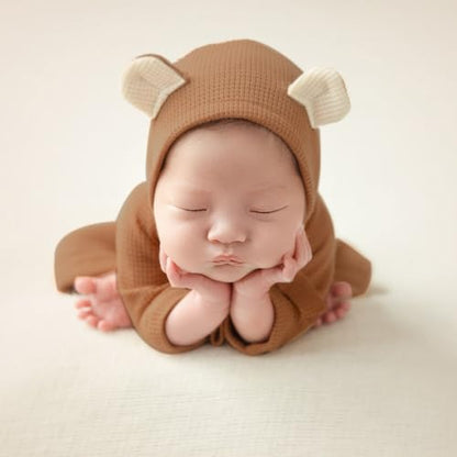 Newborn Baby Photo Shoot Props Girl Boy Crochet Knit Hat Costume Stripe Hat Pants Overalls Photography Props - color: Camel