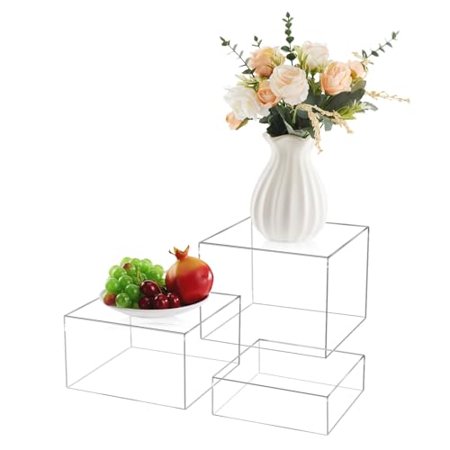 3Pcs Clear Acrylic Risers Display Stand, Buffet Risers with Hollow Bottom, Acrylic Cube Box for Figures Jewelry Perfume Handbag Food Dessert Party Show Christmas Decor(Clear-3pcs) - color: Clear-3pcs