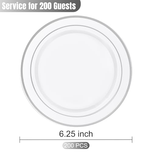 bUCLA 200PCS Silver Plastic Plates - 6.25inch White with Silver Trim Disposable Salad/Dessert/Appetizer/Small Cake Plates - Ideal for Wedding & Party - color: 6.25Inch-200pcs-Silver