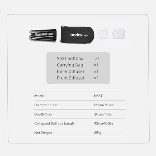 Godox S65T 65cm/25.6in Quick Release Umbrella Softbox Professional Foldable Softbox with Standard Bowen Mount & Diffusers for Photography Studio - size: 25.6 inch Softbox