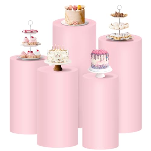Socomi Cylinder Pedestal Stand Covers Spandex Flexible Display Box Stand Covers for Birthday Party Wedding Baby Shower Decoration- Only Stand Covers Included Set of 5 Pink - color: Pink, size: Set of 5