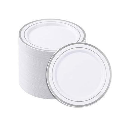 BESTSTAR 7 Inch White Plastic Plates,100PCS Disposable Dessert/Appetizer/Small Cake Plates with Silver Rim,Heavy Duty Plate Ideal for Wedding and Birthday - color: White Silver, size: 7 inch
