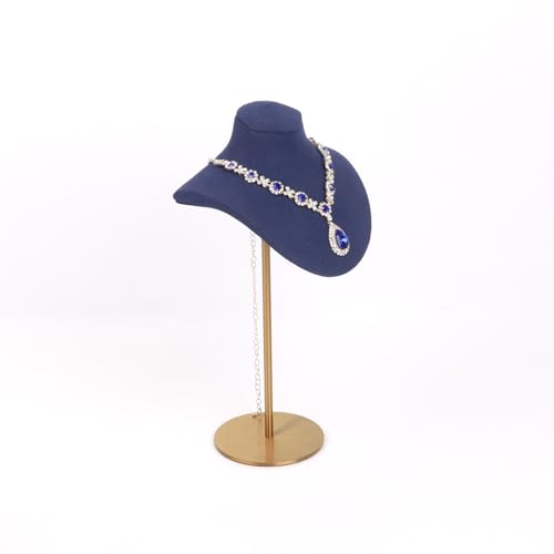 Necklace Display Stand For Selling Velvet Chain Jewelry Bust Holder Organizer With Stainless Steel Stand Jewelry Display - color: Navy-Blue-9.84in