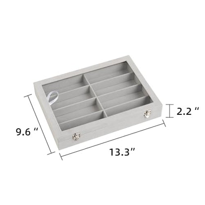 Frebeauty Sunglass Organizer,Velvet Glasses Organizer,8-Slot Sunglasses Tray with Clear Lid,Men's/Women's Sunglasses Box,Sunglass Case,13.3 x 9.6 x 2.2 Inches,Eyeglass/Eyewear Display Tray(Grey) - color: Grey, style: With Lid