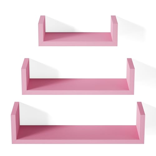 SRIWATANA Floating Shelves Wall Mounted, Solid Wood Wall Shelves, Pink - color: Pink