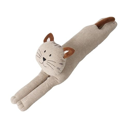 Kitty Cat Draught Door Stopper, Soft Beige Grey Flax Linen and Cotton, Curly Brown Ears and Tail, 29.75 Inches Long, 4.75 lbs. - color: Beige