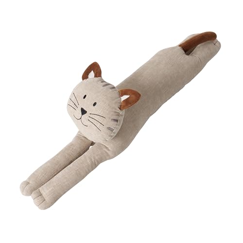 Kitty Cat Draught Door Stopper, Soft Beige Grey Flax Linen and Cotton, Curly Brown Ears and Tail, 29.75 Inches Long, 4.75 lbs. - color: Beige