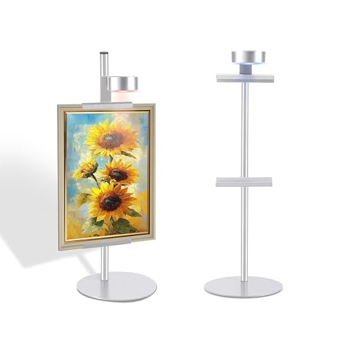 Adjustable Desktop Photo Frame Stand with Magnetic Wall Painting Light, Holds Picture Frames up to 18 Inch,with Rechargeable Battery,Metal Vertical Stand with 3 Color Temperature & 13RGB Poster Lights, for Displaying Picture Frames, Artworks (1Pack, Silve