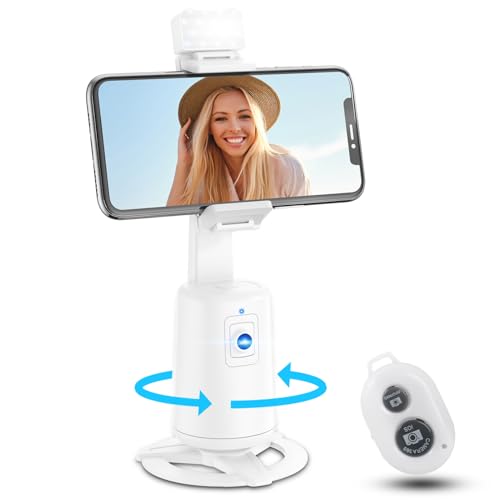 Auto Face Tracking Tripod 360° Rotating Cell Phone Photo and Video Kits Stand, No App, Camera Stand with Remote and Gesture Control, Rechargeable Smart Shooting Stand for Live Recording Tiktok（White） - color: White