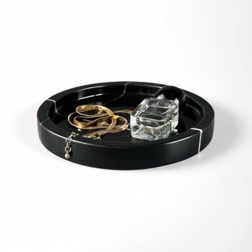 Marble Tray - 6" Jewelry Dish & Vanity Decor, Natural Stone Tray for Bathroom Kitchen Countertop, Small Trinket & Ring Organizer for Brides & Home (Black Marquina Round) - color: Black Marquina R
