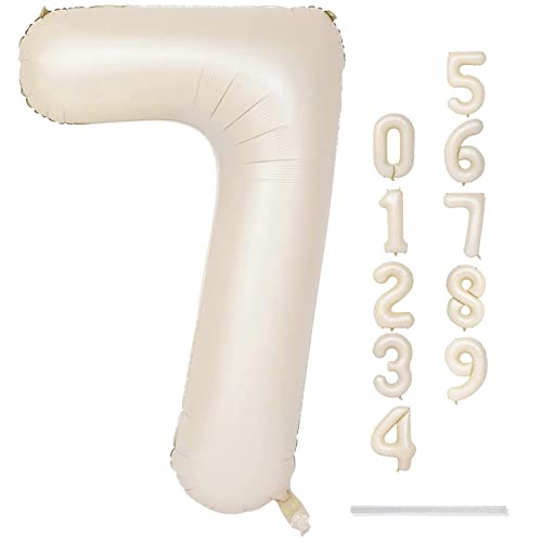 40'' Beige Number 7 Balloons, Giant Self Inflating Cream Foil Number Balloons Set 0-9, Large White Sand Digital 7 Helium Balloon for Girls Boys 7th Birthday Party Decorations Anniversary Supplies - color: Cream, size: Number 7