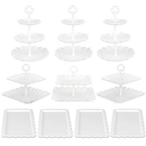 Pack of 11 NWK Cake Stand Set, with 3 x Two-Tier and 3 x Three-Tier Cupcake Stands, 4 x Appetizer Trays, 1 x Tablecloth for Birthday Bridal Baby Shower Party (White) - color: White