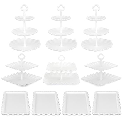 Pack of 11 NWK Cake Stand Set, with 3 x Two-Tier and 3 x Three-Tier Cupcake Stands, 4 x Appetizer Trays, 1 x Tablecloth for Birthday Bridal Baby Shower Party (White) - color: White