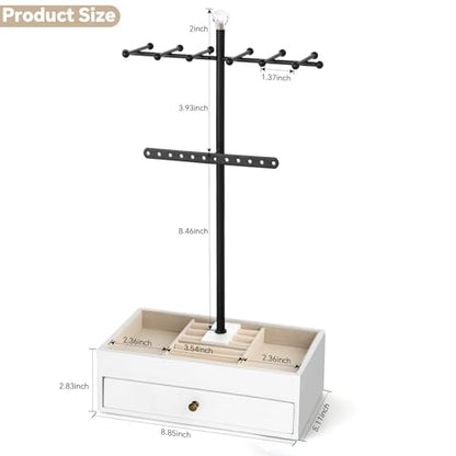Meangood Jewelry Organizer Stand, 3-Tier Necklace Holder Jewelry Tree with Wooden Storage Drawer Box for Necklace Bracelet Earring Ring,White - color: Light White