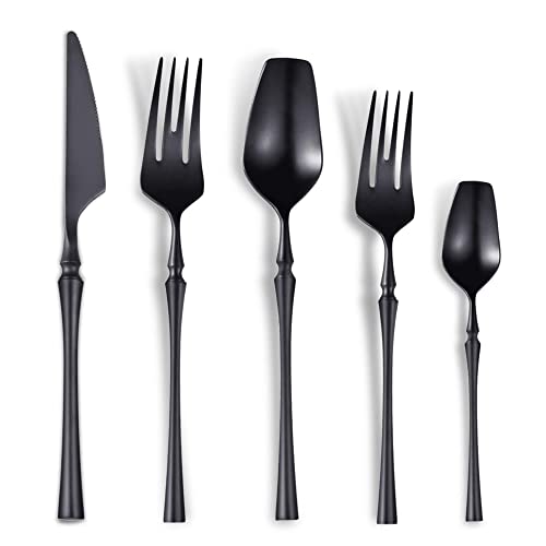 Lemeya 20-Piece Matte Black Silverware Set for 4,Modern 18/10 Stainless Steel Flatware Set,Unique Rustic Cutlery Utensils Set,Spoon and Fork Set for Home, Restaurant,Mirror Polished,Dishwasher Safe - color: Matte Black 20 Pieces Set with Tea Spoon
