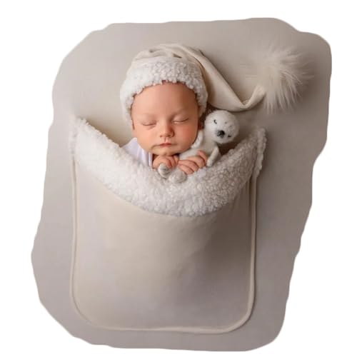 Zeroest Newborn Photography Blanket with Pocket & Santa Hat - Newborn Photoshoot Props - Boys & Girls Posing Stretch Fabric Beanbag Cover 47.2" x 39.3" (Light Beige) - color: Light Beige
