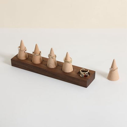 Wooden ring organizer holder for jewelry, Stable ring display stand for boutique store, walnut base with white ring cones for jewelry selling【Ring holder-Cone 5】 - style: Five Cone