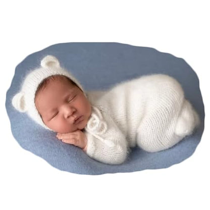 Zeroest Newborn Boy Photoshoot Outfits and Props Bear Bonnet with Footed Romper Infant Baby Photography Crochet Knitted Set - color: White