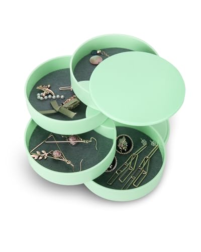 CONBOLA Jewelry Organizer, Small Jewelry Storage Box Earring Holder for Women, 4-Layer Rotating Travel Jewelry Tray Case with Lid for Bracelets Rings Bracelets - color: Green