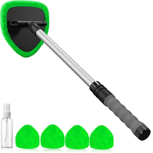 desin Windshield Cleaning Tool, Car Window Cleaner Windshield Cleaner with 4 Reusable and Washable Microfiber Pads and Extendable Handle Auto Inside Glass Wiper Kit (Green) - color: Green