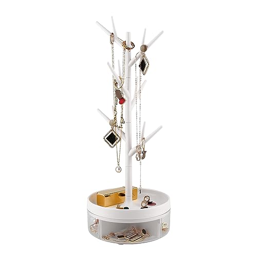 Branch Jewelry Rack With Rotatable Base and Storage Box Tree Tower Rack Hanging Organizer for Ring Earrings Necklace Bracelet,Suitable for living rooms, bathrooms,offices,etc. - color: A White