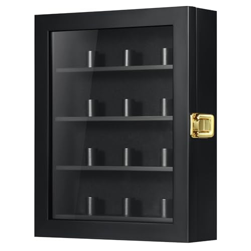 TJ.MOREE Championship Ring Display Case, 12 Ring Posts Baseball Ring Display Case, 8 x 10 Wall Mount Wooden Glass Shadow Box - Black - color: 12 Posts-black-rectangle