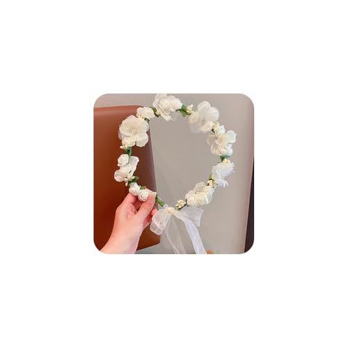 Adjustable Flower Crown Headband for Women - Floral Garland Hair Wreath with Crystal Accents Perfect for Weddings Flower Wands Photo Props (White Flower Green, Adjustable) - color: White Flower Green