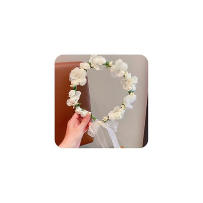 Adjustable Flower Crown Headband for Women - Floral Garland Hair Wreath with Crystal Accents Perfect for Weddings Flower Wands Photo Props (White Flower Green, Adjustable) - color: White Flower Green