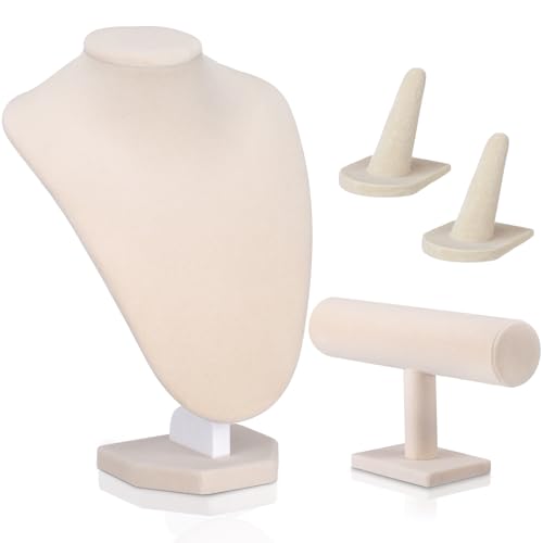 Wenqik 4 Pcs Velvet Jewelry Display Set Velvet Necklace Bust Holder Bracelet Organizer 2 Ring Finger Jewelry Holder - color: Linen Color