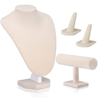 Wenqik 4 Pcs Velvet Jewelry Display Set Velvet Necklace Bust Holder Bracelet Organizer 2 Ring Finger Jewelry Holder - color: Linen Color