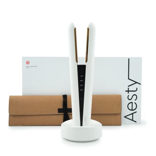 Aesty Dual Heater Titanium Flat Iron w/Charging Cradle - Professional Cordless Styler, Wireless Premium Straightener, Portable Tool for All Hair Types, 1-Pass Styling, Straightening and Curling - color: White, size: 1. Flat Iron & Charging Cradle