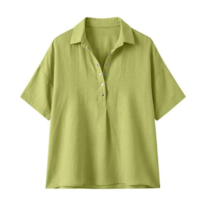 Cotton Linen Shirts for Women 2026 Summer Gauze Shirts Button Down V Neck Half Sleeve Blouses Dressy Casual Clothes - color: Green, size: Small