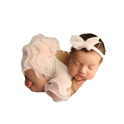 Newborn Photography Outfits Girl Baby Photo Tutu Dress Newborn Photoshoot Romper Baby Picture Lace Outfit - color: Beige