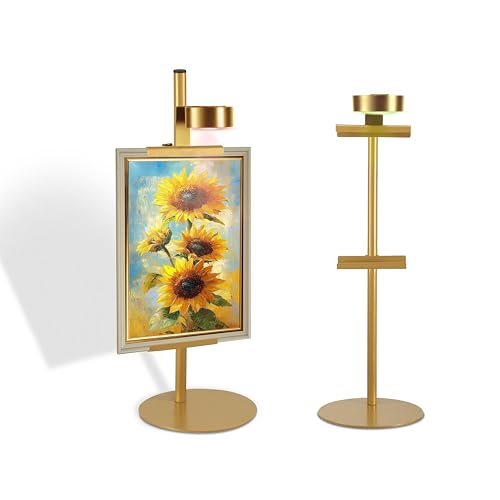 Adjustable Desktop Photo Frame Stand with Magnetic Wall Painting Light, Holds Picture Frames up to 18 Inch,with Rechargeable Battery,Metal Vertical Stand with 3 Color Temperature & 13RGB Poster Lights, for Displaying Picture Frames, Artworks (1 Pack, Gold