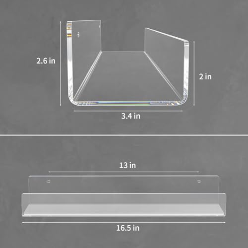 NIUBEE 16.5-Inch Acrylic Floating Bookshelves, 2-Pack, Clear Modern Wall Shelves for Child/Toddler， Invisible Ledge Book Shelves for Nursery/Kids Room/Playroom/Small Spaces. - size: 16.5inches