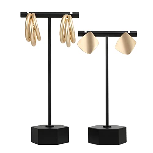 Black Metal 2pcs Earring Display T Stand for Show, T Bar Jewelry Holder Tree for Retail Photography 【Black-Hexagon Base 2pcs Height 4.5" and 5.3"】 - color: B1/Black Hexagon Base 2pcs Height 4.5" and 5.3"