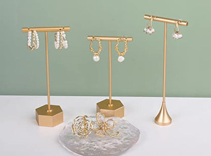 Gold Metal 2pcs T Bar Earring Retail Display Stand for show, Tabletop Jewelry Tower Holder for Girl Women【Gold-Hexagon Base 2pcs Height 4.5" and 5.3"】 - color: A3/Gold Hexagon Base 2pcs Height 4.5" and 5.3"