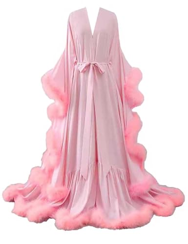 Feather Silk Satin Bridal Robe Long Wedding Scarf Illusion Bathrobe Sleepwear for Women Sexy Lingerie Nightgown - color: Blush Pink, size: Small-Medium