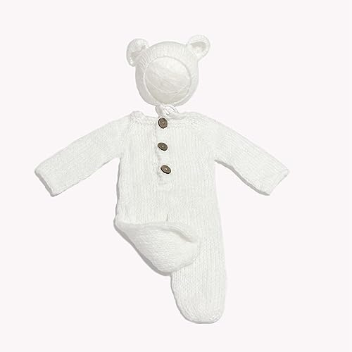 2Pcs Newborn Photography Props Boy Photo Posing Outfits Baby Photoshoots Girl Crochet Bear Hat Romper - color: White