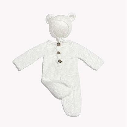 2Pcs Newborn Photography Props Boy Photo Posing Outfits Baby Photoshoots Girl Crochet Bear Hat Romper - color: White